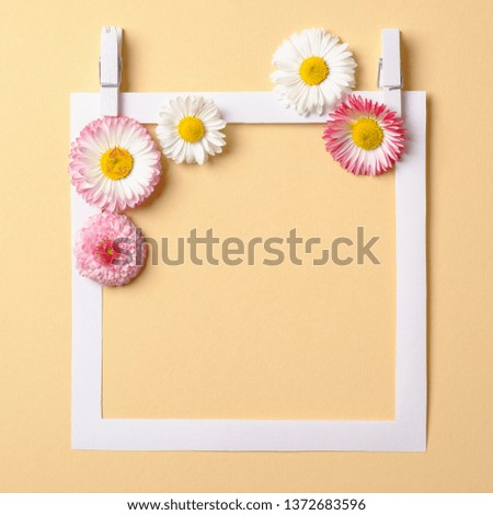 Spring composition made with colorful flowers and paper frame border on pastel yellow background. Creative minimal holiday concept. Flat lay setting. Top view, overhead.