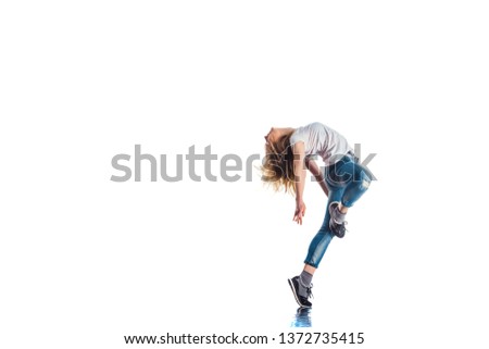 Young woman is having aerobic training isolated on white background