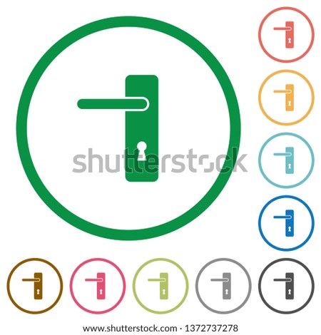 Left handed simple door handle flat color icons in round outlines on white background