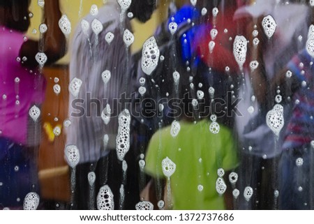 Background wet- raindrop realistic. Water splash shower- bad weather. Window- soap foam. Rainwater- liquid splash abstract
