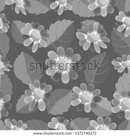 Floral seamless texture. Flowers and leaves in gray tones on a dark background. Vector illustration.