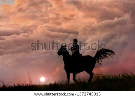 Wild horse and girl like film, silhouette on colorful storm clouds 