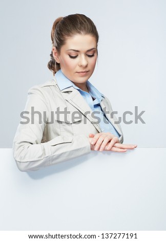 Business woman portrait, white banner background. Female young model.
