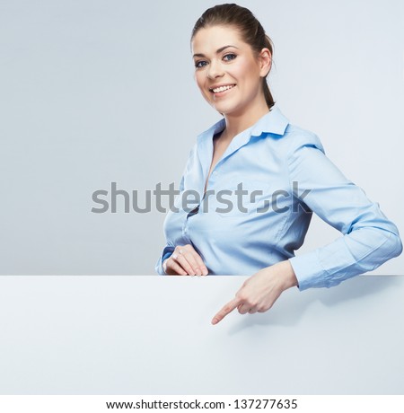 Business woman finger show to white banner, studio background isolated.