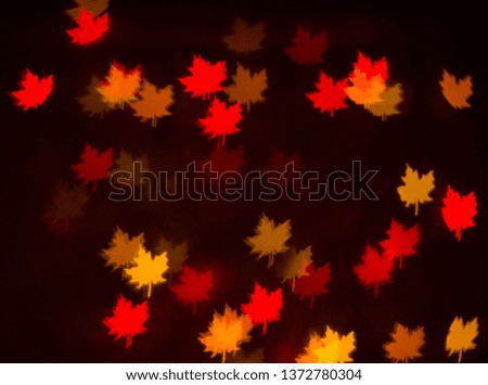 Blurred red, orange and yellow canadian maple leaves on dark background. Abstract autumn background.