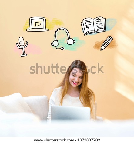E-Learning illustration with young woman using her laptop computer at home