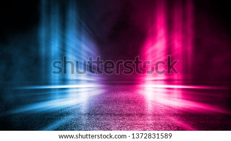 Empty background scene. Dark street, reflection of blue and pink neon light on wet pavement. Rays of light in the dark, smoke. Night view of the city. Abstract dark background. 3d illustration