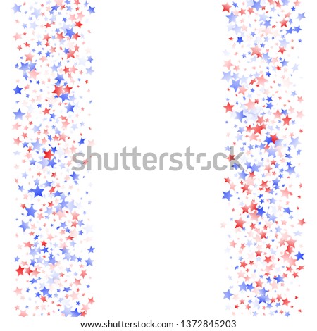 American Memorial Day stars background. Confetti in USA flag colors for Independence Day. Cool red blue white stars on white American patriotic vector. 4th of July holiday stardust.