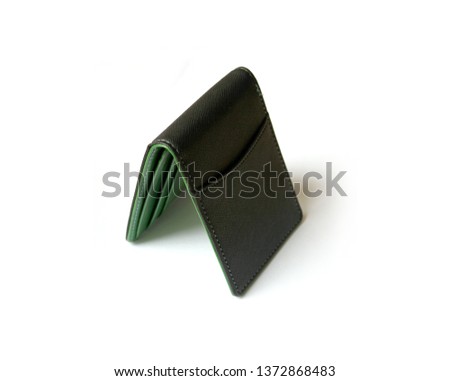 Blank green and black wallet isolated on white background . Open wallet . 