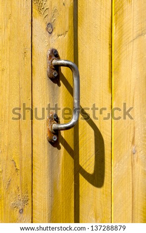 metal handle on a wooden door
