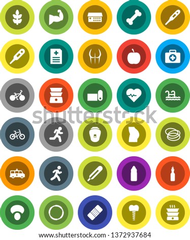 White Solid Icon Set- double boiler vector, mushroom, oil, diet, heart pulse, bike, muscule hand, buttocks, water bottle, fitness mat, cereals, first aid kit, bone, hoop, run, thermometer, patch