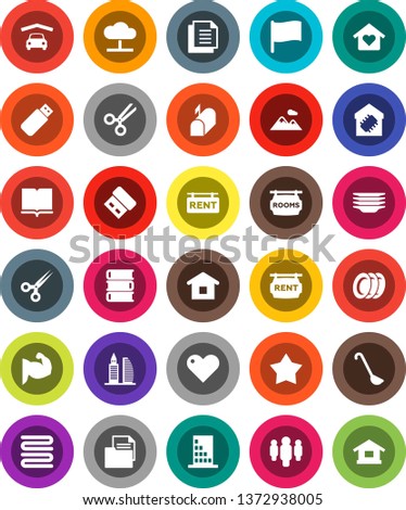 White Solid Icon Set- plates vector, towel, ladle, book, flag, man, muscule hand, document, heart, scissors, cloud network, mountain, garage, rent signboard, rooms, office building, love home, smart