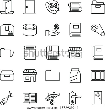 thin line vector icon set - book vector, open pin, e, books, window frame, door knob, ntrance, folder, drawer, cardboard box, 24, package, canned goods, kiosk, stall, get a wage, exit, grand opening