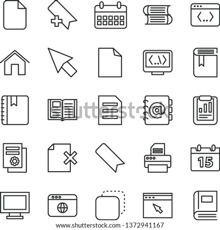 thin line vector icon set - monitor window vector, add bookmark, clean sheet of paper, book, books, home, calendar, notebook, address, delete page, copy, statistical report, scientific publication