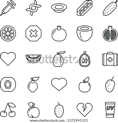thin line vector icon set - heart symbol vector, mark of injury, medical bag, broken, Hot Dog, a plate milk, cucumber, cherry, peach, half apricot, pomegranate, quince, mulberry, tasty, loquat, dna