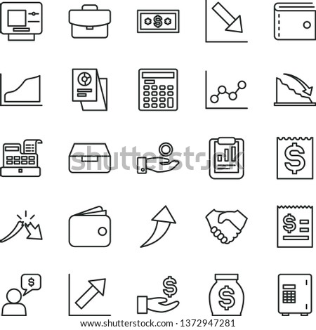 thin line vector icon set - purse vector, graph, growth chart, negative, suitcase, drawer, recession, a crisis, statistical report, article on the dollar, financial item, get wage, catch coin, money