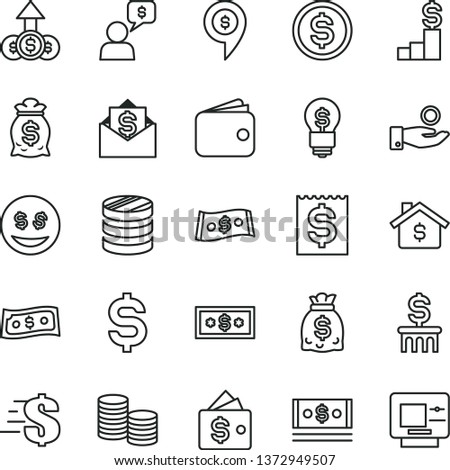 thin line vector icon set - dollar vector, coins, column of, denomination the, financial item, catch a coin, wallet, dollars, cash, mortgage, pedestal, money bag, idea, eyes, growth, mail, dialog Royalty-Free Stock Photo #1372949507