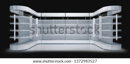3d empty supermarket shelf with topper and stoppers isolated on black background