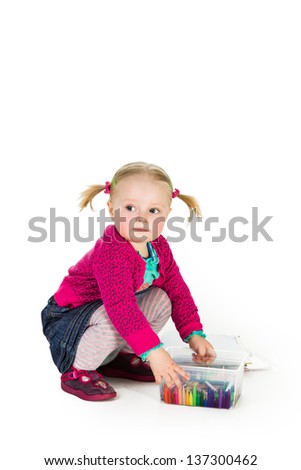 Infant baby girl drawing isolated on white