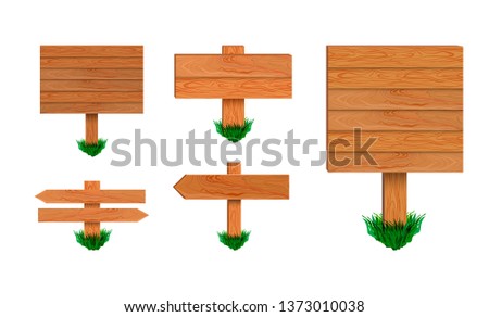 Vector Retro Wooden Signboards Collection Isolated on White Background, Wood Arrow Sign Collection with Green Grass.