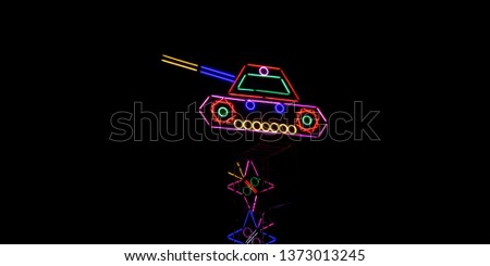 light beam of fluorescent light colorful in dark for festival temple fair background,Ferris wheel decorated with colourful neon,Lighting show of thai temple in annual festival at Thailand.