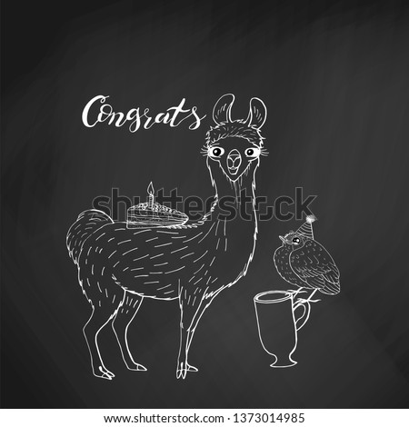 cute llama holding piece of cake and little bird sitting on a cup. hand lettering congrats. on chalkboard background. stock vector illustration.