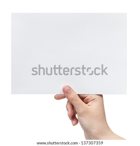 female teen hand holding blank paper a5 sheet, isolated on white