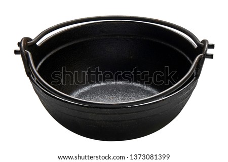Dutch oven with handle, Cast Iron japanese noodle bowl isolated on white background with clipping path, Side view                           
