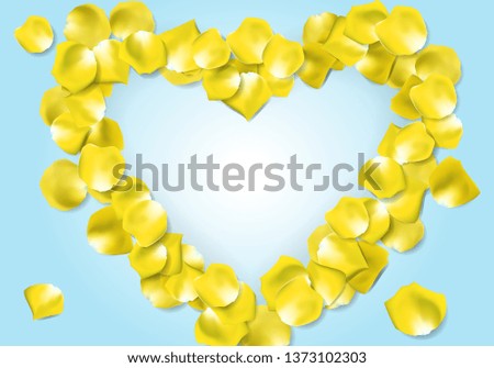 Yellow rose flower petals in shape of heart on blue background. Vector illustration.
