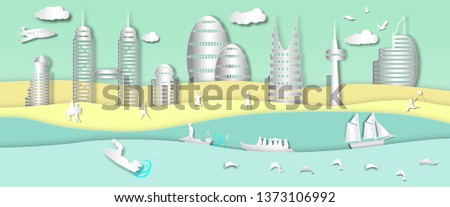 landscape sea view and jet ski in summer outdoor with city background of paper art style,vector or illustration with travel concept
