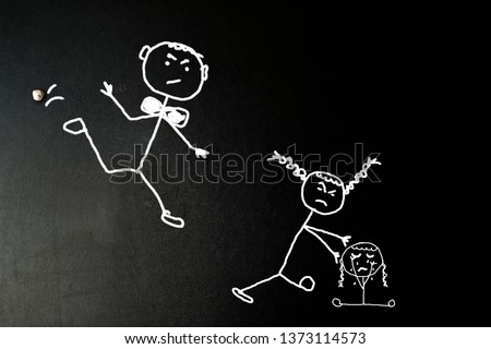 Bullying, abuse girls, child hitting another, teacher is running to their aid, stickman chalk drawing on blackboard with blank.