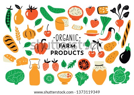 Healthy food, organic products set. Funny doodle hand drawn vector illustration. Farm market cute nutrition collection. Natural fruits, vegetables and dairy. Isolated on white.