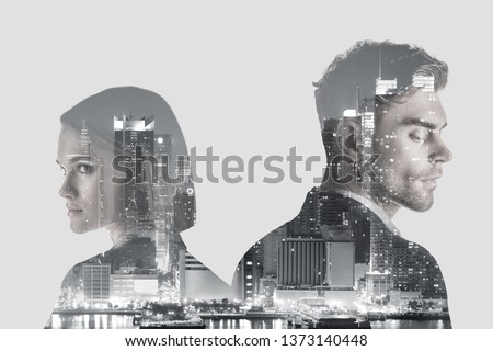 double exposure of handsome man and pretty woman and new york evening cityscape