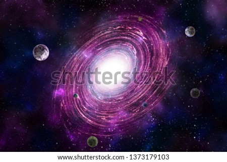 Fantasy with planet against starry sky on deep background. Cosmic celestial sky. Abstract space backdrop. Outer space. Night scene. Sound of cosmic radiation of the universe