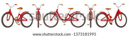 Vector illustration of bicycle for family ride. Cartoon realistic illustration. Flat vector. Front, side and back views. Isometric views. Training, bike. Set riding bikes isolated on white background.