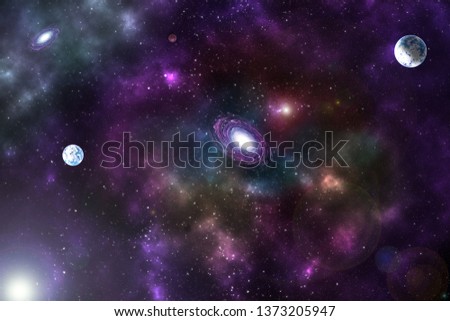 Fantasy with planet against starry sky on deep background. Cosmic celestial sky. Abstract space backdrop. Outer space. Night scene. Sound of cosmic radiation of the universe