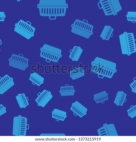 Blue Pet carry case icon isolated seamless pattern on blue background. Carrier for animals, dog and cat. Container for animals. Animal transport box. Vector Illustration