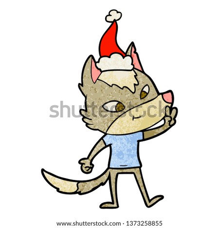 friendly hand drawn textured cartoon of a wolf giving peace sign wearing santa hat
