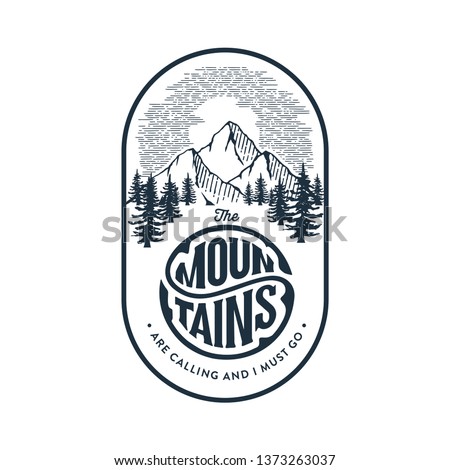 Mountains emblem, badge. Mountain tourism, hiking. Camping outdoor adventure label Vector illustration