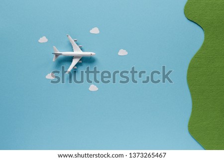 Airplane travel vacation. Top view with copy space for your text. 