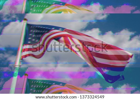 American flag against sky with clouds and glitch effect