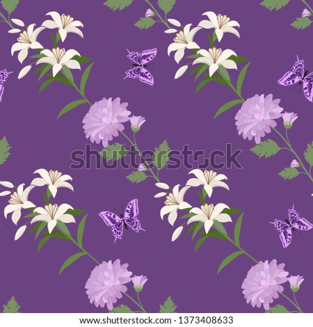 Seamless vector illustration with white lilies, chrysanthemums and butterflies on a lilac background. For decorating textiles, packaging, web design.