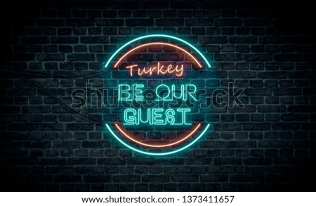 A red and blue neon light sign that reads:
Turkey Be Our Guest