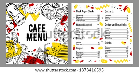 Cafe menu two page design template with list of steaks, fish, burgers, drinks, coffee and deserts. Outline vector hand drawn sketch illustration with food on white background with colorful graphics