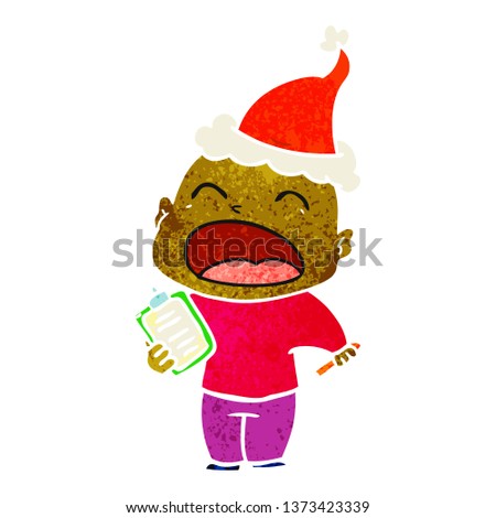 hand drawn retro cartoon of a shouting bald man wearing santa hat