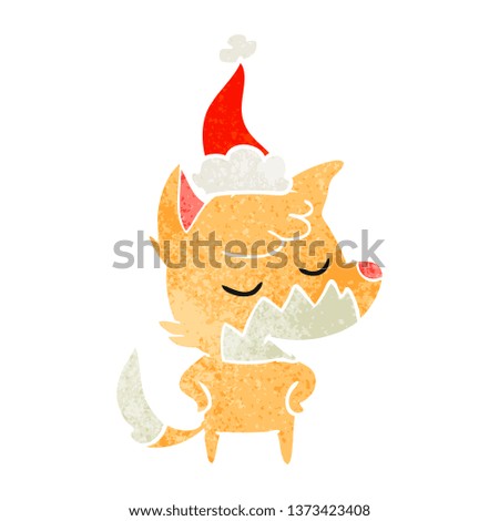 friendly hand drawn retro cartoon of a fox wearing santa hat