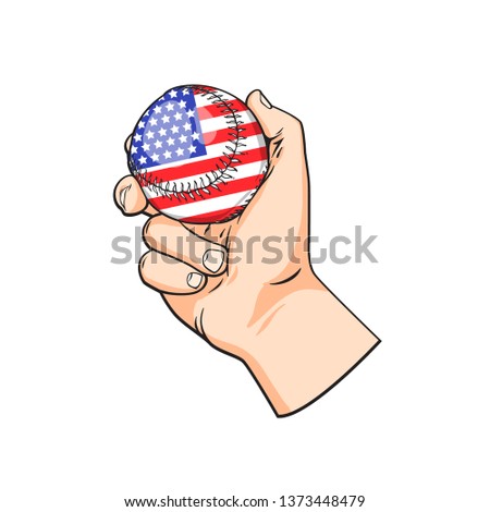 Hand with baseball ball, vector hand draw sketch illustration isolated on white background, baseball ball with american flag
