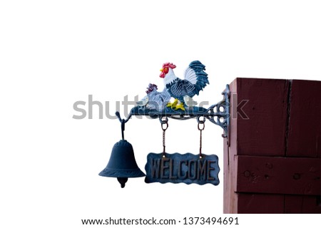 old Cast Iron Rooster Outdoor  Welcome Bell Chicken Family   Metal Hand Paint isolated on white background