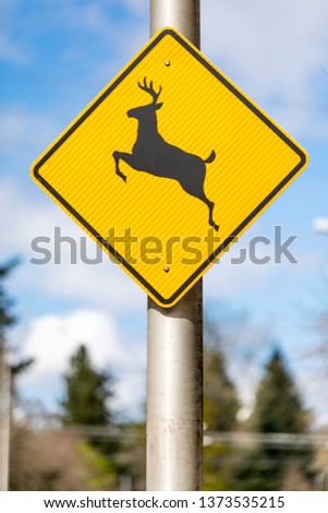 Yellow traffic sign for deer crossing on a street post