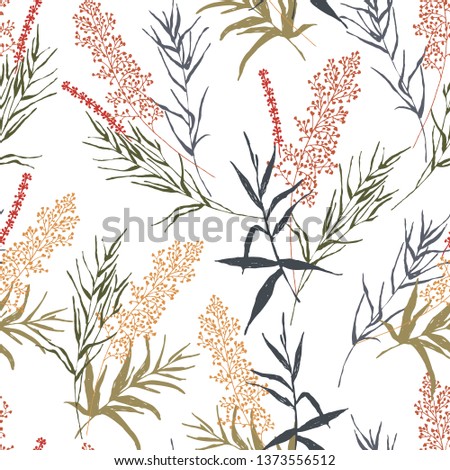 Botanical sketch drawing seamless pattern. Branches with flowers, leaves scattered random. Trendy abstract colorful vector texture. Fashion print, fabric, design. Hand drawn leaf on white background
